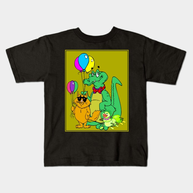 Cartoon Fantasy Abstract Alligator, Cat and Caterpillar Animal Print Kids T-Shirt by posterbobs
